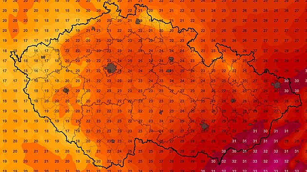Mapa s předpovědí teplot na středu odpoledne