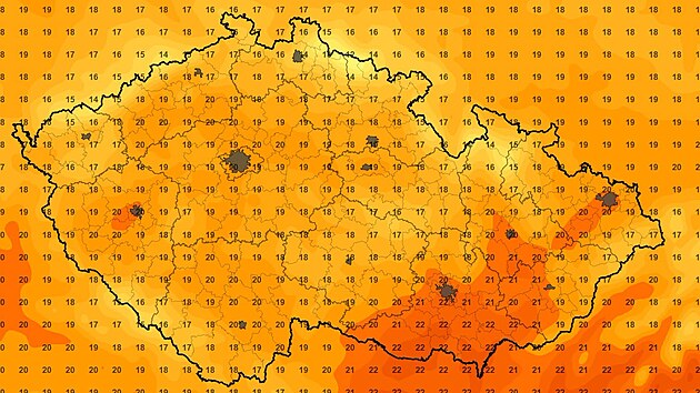 Mapa s předpovědí teplot na čtvrtek 10. září 2026
