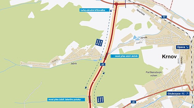 Mapa chystaného západního obchvatu Krnova