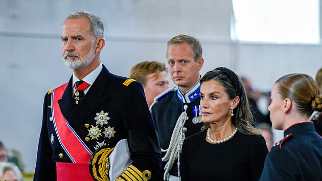 Španělský král Felipe VI. a královna Letizia v Oslu na pohřbu norského krále Haralda V. (9. září 2026)