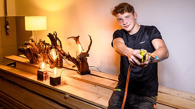 Hlavní součástí lampiček jsou kořeny nebo pařezy stromů, které Stránský nachází při procházkách v tamních lesích.