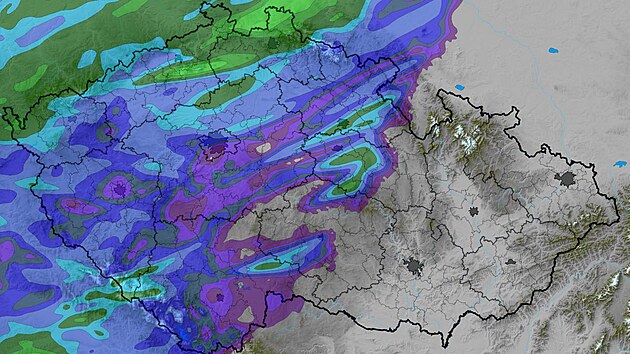 Mapa s předpovědí srážek za středeční den