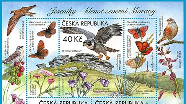 Na nové známce České pošty, která je věnovaná ochraně přírody a Jeseníkám, jsou zobrazena zvířata a rostliny typické pro Jeseníky: čolek karpatský a sklenobýl bezlistý, hvězdnice alpská a perleťovec stříbrný, sasanka narcisokvětá a kopyšník tmavý, sokol stěhovavý a zvonek jesenický.