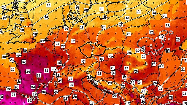 Meteorologický model ukazuje přízemní teplotu, proudění vzduchu a tlakové pole nad Evropou v sobotu 26. září v poledne. Do Česka by měl proudit teplejší vzduch.