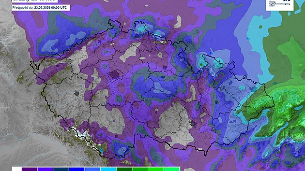 Předpokládaný úhrn srážek v Česku za 48 hodin do středy 23. září. Deštivé počasí má před prodlouženým víkendem postupně vystřídat obloha s menší oblačností.