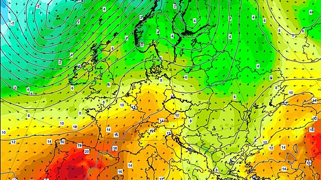 Předpovědn&iacute; mapa ČHM&Uacute; ukazuje prouděn&iacute; teplej&scaron;&iacute;ho vzduchu od jihu a jihoz&aacute;padu, kter&eacute; přispěje k oteplen&iacute; v Česku.