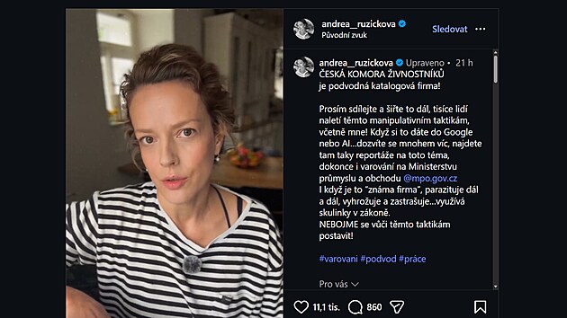 Herečka Andrea Růžičkov&aacute; označila soukromou společnost Českou komoru živnostn&iacute;ků za podvodnou katalogovou firmu a uvedla, že sama naletěla jej&iacute;m praktik&aacute;m. (z&aacute;ř&iacute; 2026)