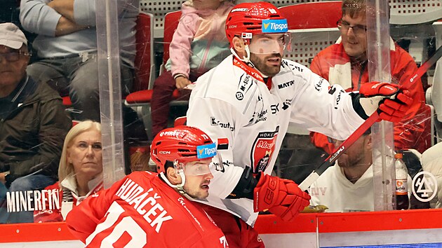 Třinecký útočník Libor Hudáček bojuje u mantinelu s královéhradeckým Robertem Kousalem.