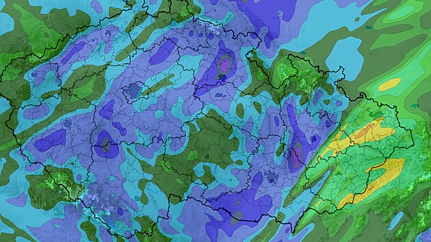 Mapa s předpovědí srážek ve čtvrtek 8. října 2026