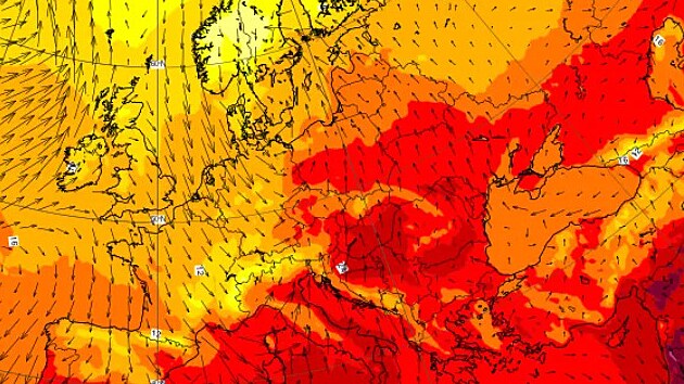Mapa s předpovědí teplot ve dvou metrech nadmořské výšky v Evropě ve čtvrtek 8. října 2026 ve 14 hodin středoevropského letního času