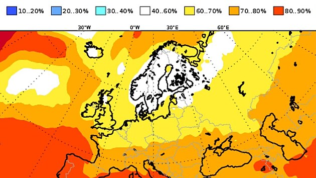 Mapa Evropy s předpověd&iacute; pravděpodobnosti teplot v &uacute;noru 2027 nad dlouhodob&yacute;m průměrem (z&aacute;ř&iacute; 2026)