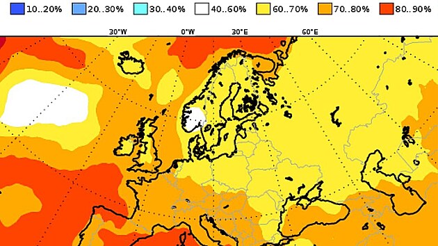 Mapa Evropy s předpověd&iacute; pravděpodobnosti teplot v lednu 2027 nad dlouhodob&yacute;m průměrem (z&aacute;ř&iacute; 2026)