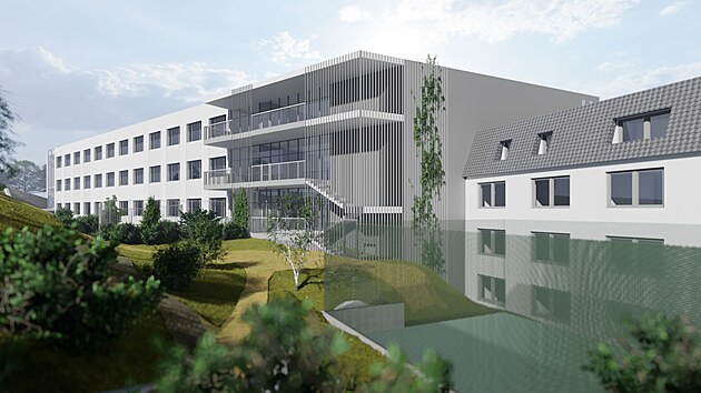 Vizualizace budouc&iacute; podoby kliniky psychiatrie v olomouck&eacute; fakultn&iacute; nemocnici po jej&iacute; rozs&aacute;hl&eacute; rekonstrukci a dostavbě.