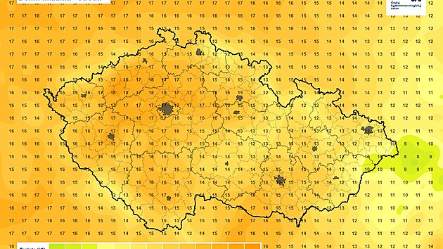 Předpověď maximálních teplot v Česku na středu 14. října 2026. Podle mapy ČHMÚ bude v části Čech až 18 stupňů, na východě republiky chladněji.