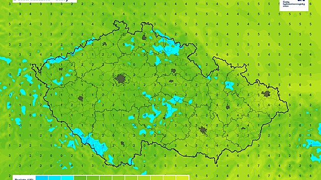 Předpověď minimálních teplot v Česku na úterý 13. října 2026. Mapa ČHMÚ ukazuje chladné ráno, místy s teplotami pod bodem mrazu.