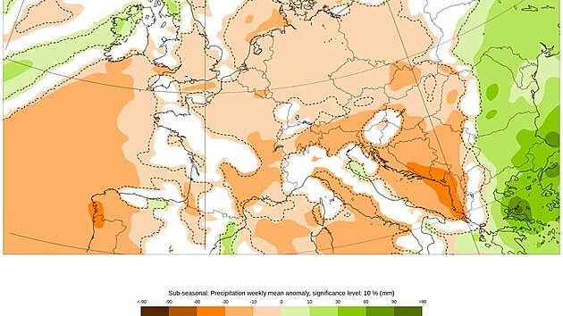 Mapa ECMWF pro tento týden naznačuje podprůměrné srážky. Podprůměr označuje červenohnědá barva – čím tmavší, tím je odchylka větší.