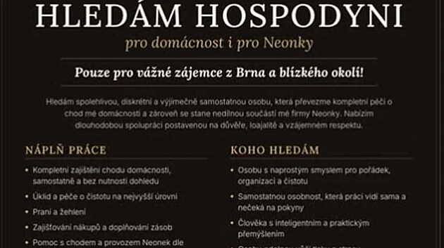 Hledám hospodyni, oznámila Nela Slováková na Instagramu. (říjen 2026)