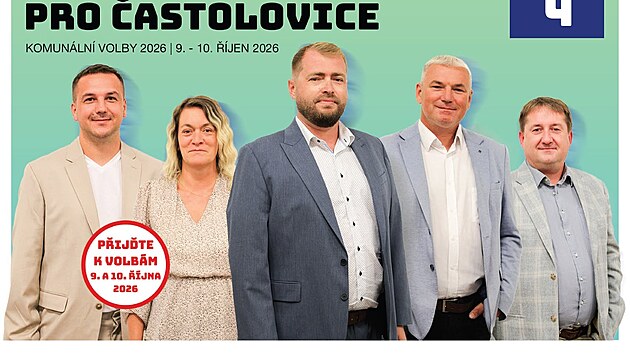 Kandidát na starostu Častolovic Tomáš Hovorka (uprostřed) na volebním letáku místního ANO vedle současného starosty Zdeňka Prause (druhý zprava).
