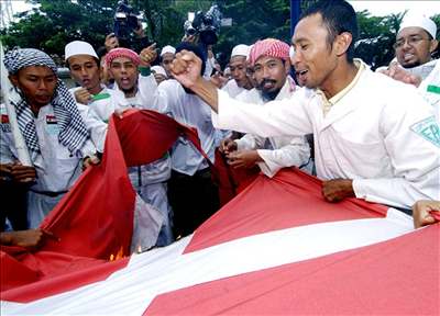 Muslimové pálí dánskou vlajku ped ambasádou ve filipínské Jakart.