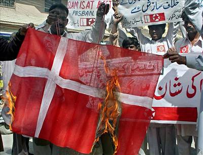 Muslimové pálí dánskou vlajku.