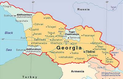 Mapa Gruzie i s autonomními oblastmi Abcházie, Jiní Osetia a Adárie.