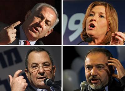 tyi hlavní hrái voleb v Izraeli: Benjamin Netanjahu (vlevo nahoe), Cipi Livniová (vpravo nahoe), Ehud Barak (vlevo dole) a Avigdor Lieberman (vpravo dole). 