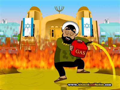 Písný otec Jásir ukazuje svým synm jak být správným teroristou - zapaluje synagogu.