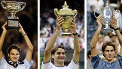 Australian Open, Wimbledon, US Open (zleva), tam vude se ji Federer radoval z trofeje pro vtze.