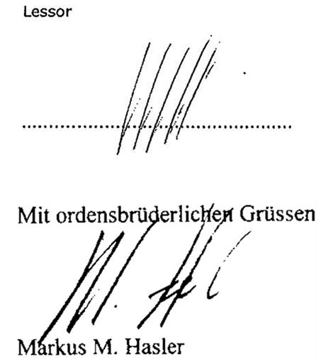 Dvakrt podpis Markuse M. Haslera, nahoe ze smlouvy o pronjmu tosknsk vily, dole na sem let starm dokumentu