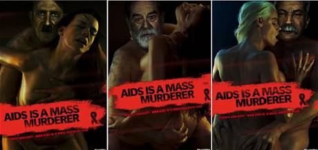 AIDS je masový vrah - to je motto kampan která pouívá vraednou symboliku Hitlera, Stalina a Saddáma Husajna