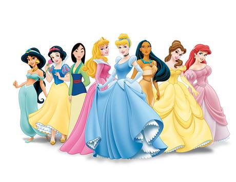 Disneyho princezny: Zleva princezna Jasmna (Aladin), Snhurka (Snhurka a sedm trpaslk), Mulan (Legenda o Mulan), pkov Renka, Popelka, Pocahontas, Bella (Krska a zve), Ariel (Mal mosk vla) 
