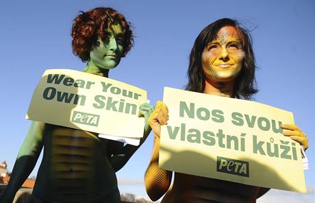Na protest proti pouívání koein a ke v módním prmyslu se na Karlov most v Praze svlékly do kalhotek aktivistky z organizace Lidé pro etické zacházení se zvíaty (PETA). 