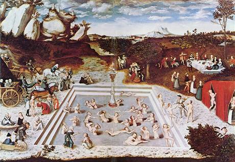 Lucas Cranach starí: Fontána mládí (1546) K bazénu s magickou Venuinou vodou jsou piváeny na vozech a kolekách staré eny a na druhé stran posléze omlazené vylézají