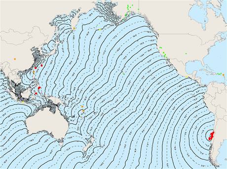 Zemtesen v Chile: jak se  vlna tsunami Pacifikem.