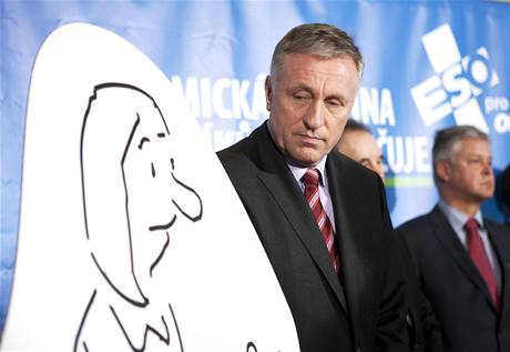 Obanská demokratická strana zahájila volební kampa. éf ODS Mirek Topolánek u kreslených postaviek Václava Dobráka a Marie Sluné.