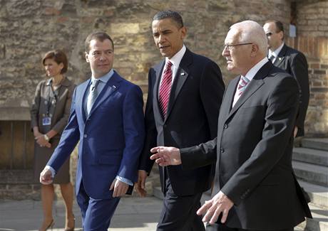 Dmitrij Medvedv, Barack Obama a Václav Klaus na Praském hrad.