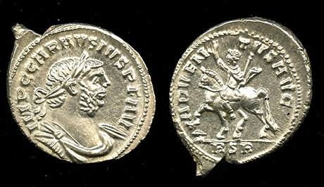 Na stovkch minc je portrt Marka Aurelia Carausia.