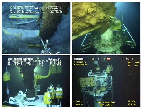 Zbry trhliny v potrub, kterou do moe voln proudila ropa z 26. kvtna 2010 (vlevo nahoe), 1. ervna 2010 (vpravo nahoe), 13. ervence 2010 (vlevo dole) a 15. ervence 2010 (vpravo dole).