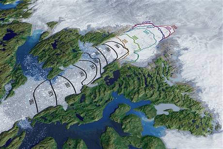stup ela grnskho ledovce Jakobshavn v letech 1851 a 2009