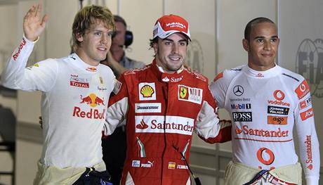 Zleva: Vettel, Alonso a Hamilton.