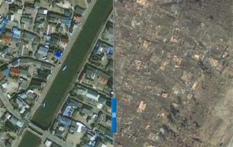 Satelitn snmek japonskho pobe ped a po tsunami.