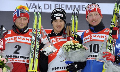 Northug (vlevo), Cologna, Bauer.