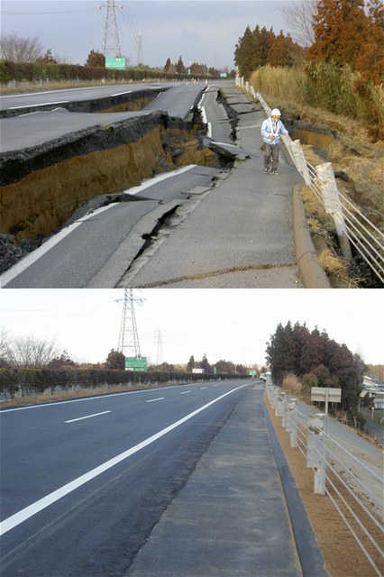 Kombinovaný snímek ukazuje silnici ped a po oprav