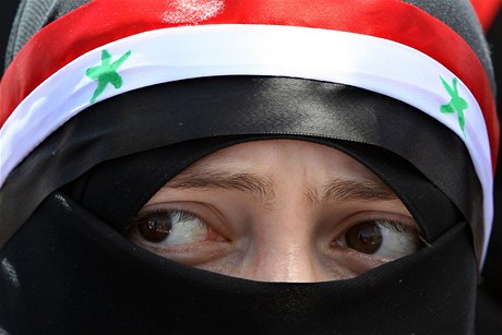 Zahalená ena protestuje proti syrskému reimu ped velvyslanectvím Sýrie v sousedním Jordánsku