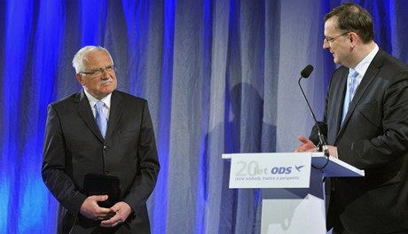 Prezident Václav Klaus a premiér Petr Neas na oslavách 20. výroí zaloení ODS