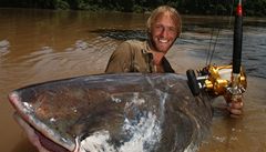 Svtový rekord Jakuba Vágnera, ryba chycená pouze pomocí prutu. Sumec piraíba váil 215 kg.