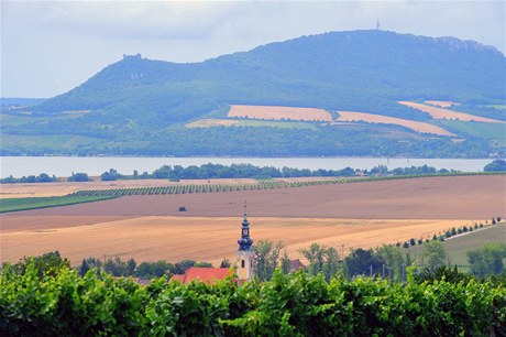 Výhled na Pálavské vrchy pes vinice a kostel v Popicích na Beclavsku. 