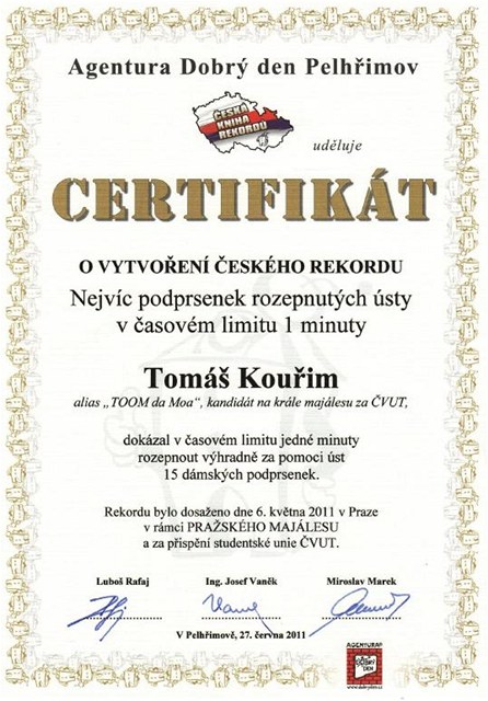 Certifikt Tome Kouima, kandidta na editele esk televize. 