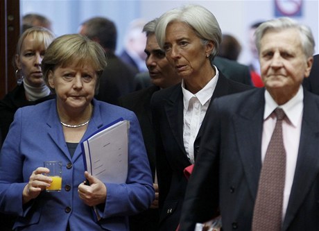 Nmecká kancléka Angela Merkelová, Christine Lagardeová a prezident Evropské centrální banky Jean-Claude Trichet 