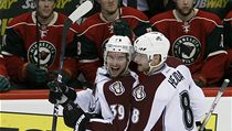 Český obránce Colorada Avalanche Jan Hejda (vpravo) slaví se spoluhráčem T. J. Giliardim gól v NHL proti Minnesotě Wild | na serveru Lidovky.cz | aktuální zprávy
